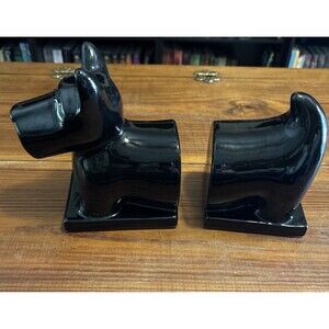 Mid Century Scottie Dog Book Ends Black Glaze Ceramic Pottery Scottish Terrier